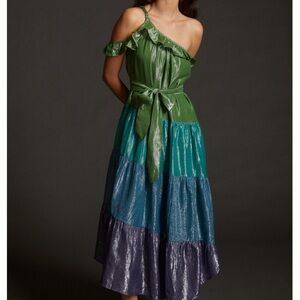 Anthropologie Maeve Ruffled One Shoulder Midi Maxi Dress Green Blue Metallic M
